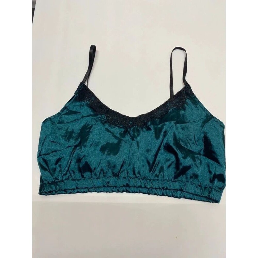 ^ lace trim lounge bralette size large cami top - emerald green / black,